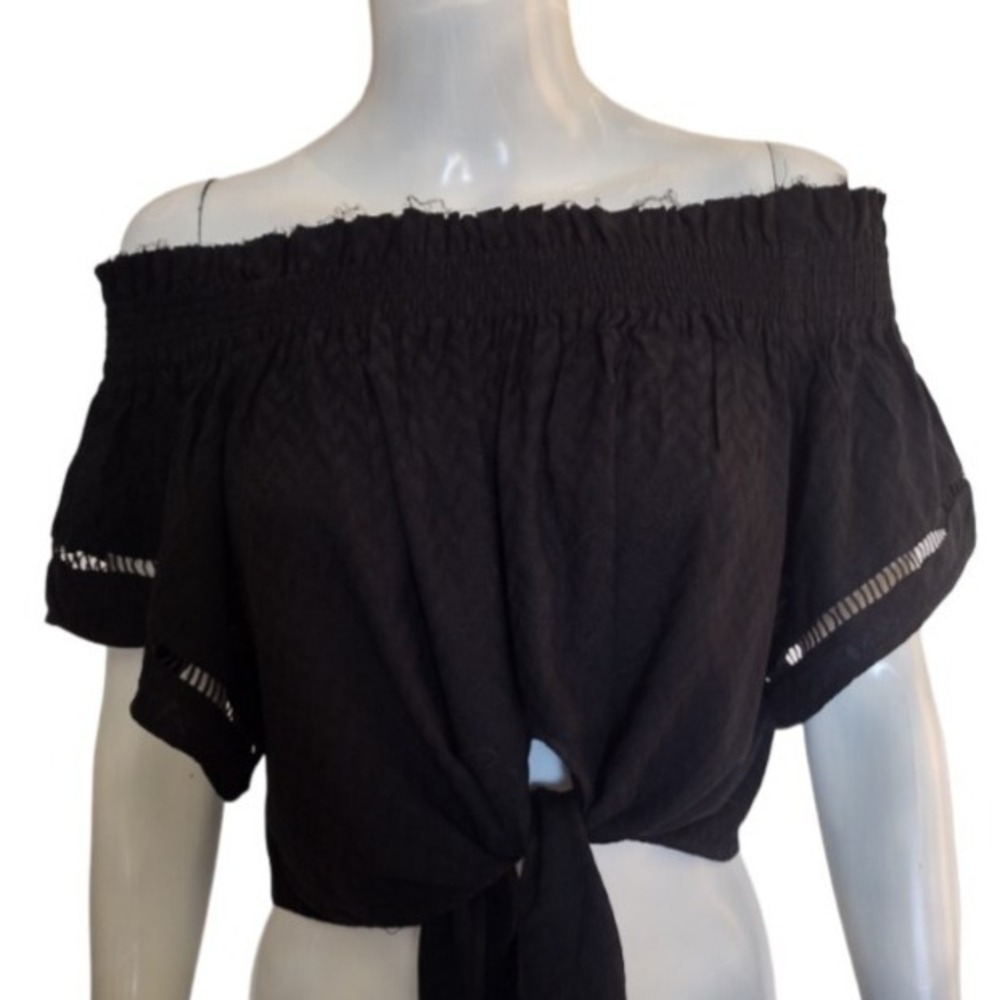 OLIVACEOUS Crop Top Women S Black Off‎ The Shoulder Casual Smocked Crochet Trim